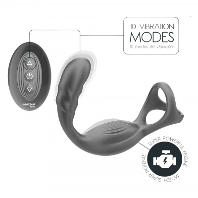 Addicted Toys - anál vibrátor péniszgyűrűvel és heregyűrűvel (fekete)