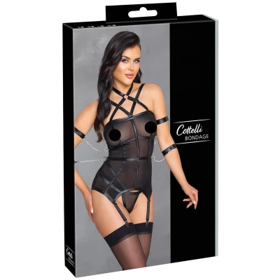 Cottelli Bondage - pántos felső, kar bilincs és tanga (fekete)