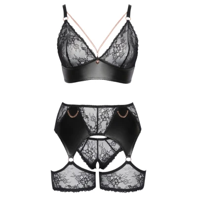 Cottelli Curves - csipkés bőrbetétes melltartó szett (fekete)