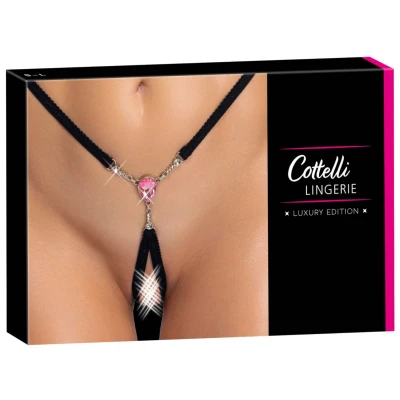 Cottelli - fekete nyitott string tanga csillogó kővel (S-L)