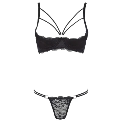 Cottelli - pántos, gyűrűs push-up melltartó és tanga (fekete)