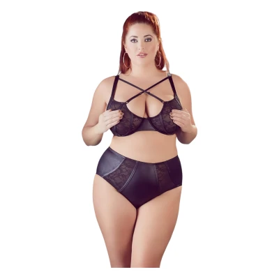 Cottelli Plus Size - keresztpántos melltartó és bugyi (fekete)