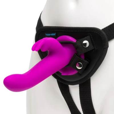 Happyrabbit Strap-On - nyuszis, csiklókaros felcsatolható vibrátor (lila)