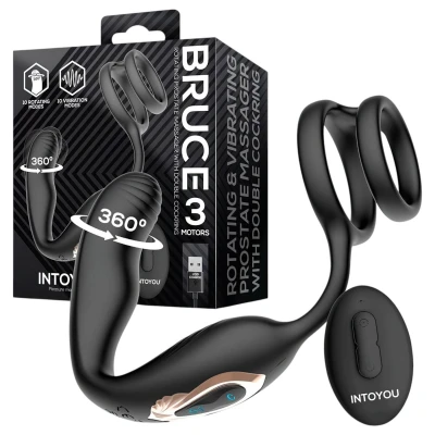 IntoYou Bruce - rádiós forgó prosztata vibrátor dupla gyűrűvel (fekete)