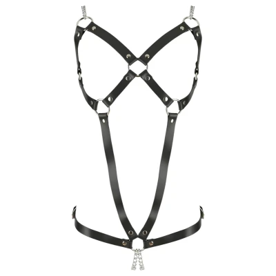 ZADO - fekete láncos bőr testhám body, BDSM fehérnemű (S-L)