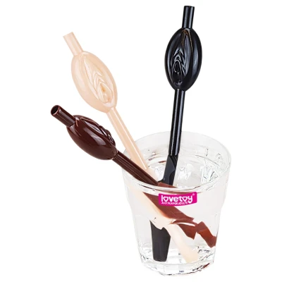 Lovetoy - vagina alakú szívószál szett, party kellék (natúr-barna-fekete)