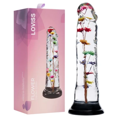 LOVISS Flower - virágmintás, hőtartó üveg dildó (átlátszó)