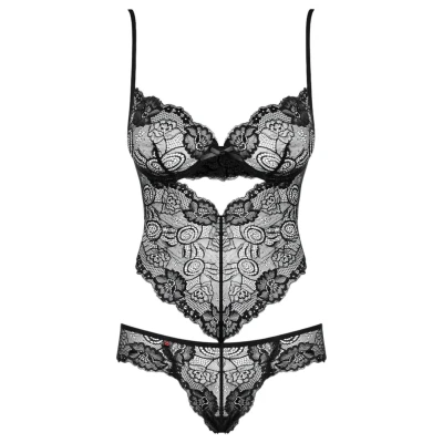 Obsessive Alluria - virágos csipke body (fekete)