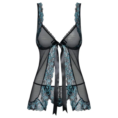 Obsessive Amanta - hímzett babydoll és tanga (fekete-türkiz)