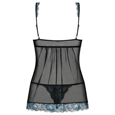 Obsessive Amanta - hímzett babydoll és tanga (fekete-türkiz)