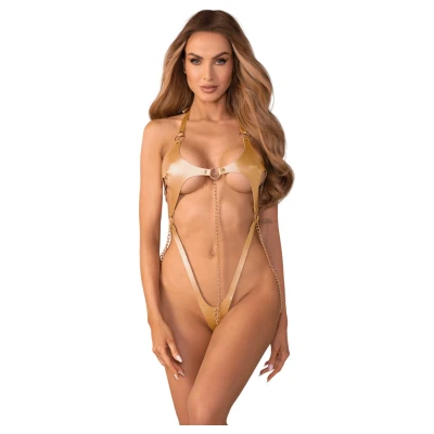 Obsessive Anyya - láncos bőrhatású pántos body (arany)