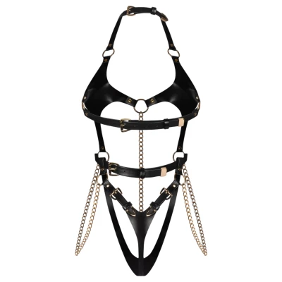 Obsessive Anyya - láncos bőrhatású pántos body (fekete)