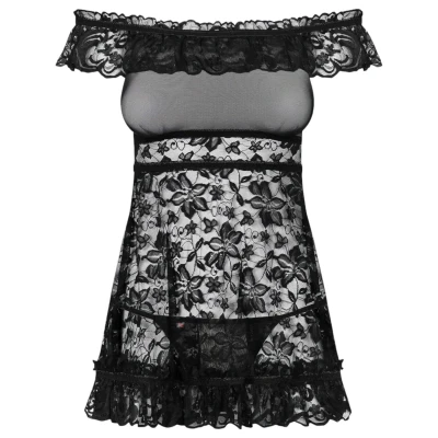 Obsessive Flores - fodros babydoll és tanga (fekete)