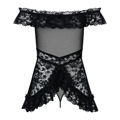 Obsessive Flores - fodros babydoll és tanga (fekete)