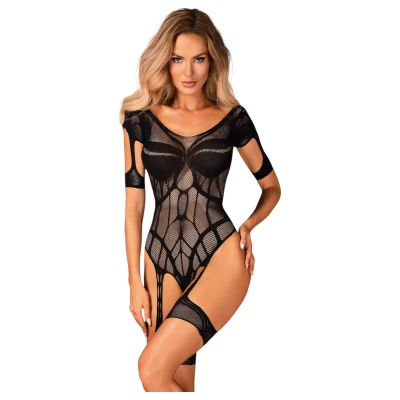 Obsessive - mintás nyitott fekete necc body (S-L)