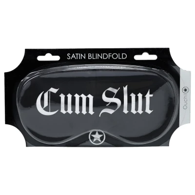 Ouch! Cum Slut - feliratos szatén BDSM szemmaszk (fekete)