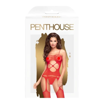 Penthouse Hot Nightfall - hullámos, nyitott necc fehérnemű szett (piros)