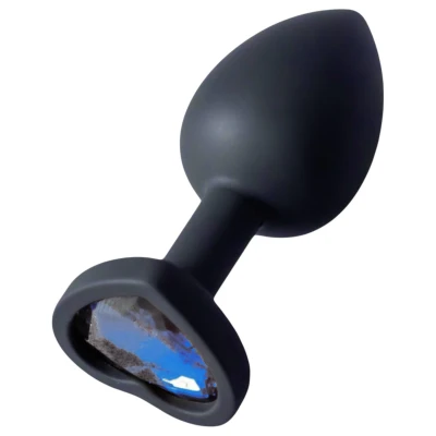 Sunfo - szilikon anál plug szív alakú sötét kék kővel (fekete)