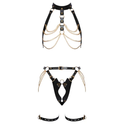 ZADO - 2 részes bőr bondage hám szett BDSM játékhoz (fekete-arany)