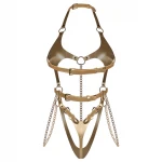Obsessive Anyya - láncos bőrhatású pántos body (arany)
