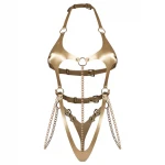 Obsessive Anyya - láncos bőrhatású pántos body (arany)
