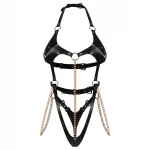 Obsessive Anyya - láncos bőrhatású pántos body (fekete)