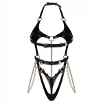 Obsessive Anyya - láncos bőrhatású pántos body (fekete)