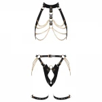 ZADO - 2 részes bőr bondage hám szett BDSM játékhoz (fekete-arany)